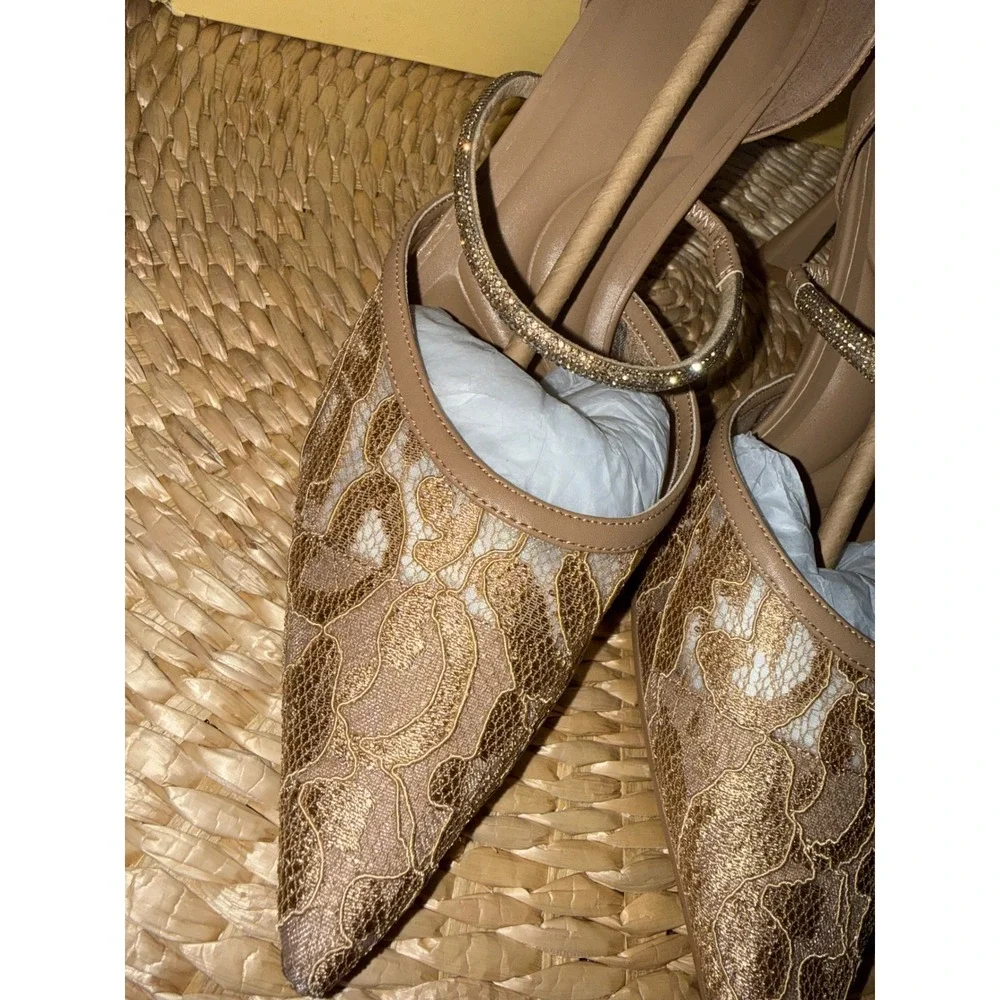Cosy Island CharmElle Sparkle Pointed Toe Heeled Pumps Lace Apricot size 9.5‎